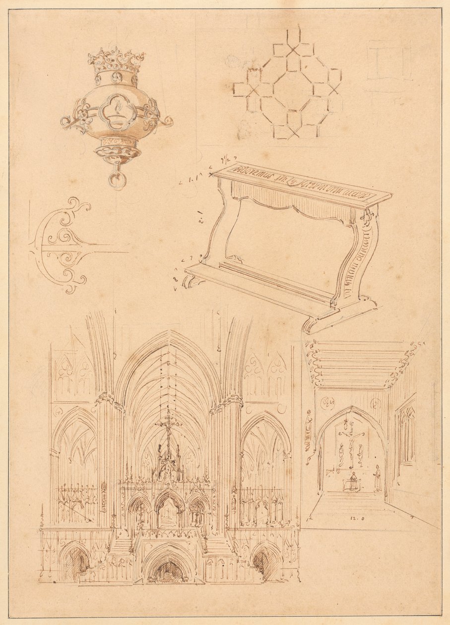 Tervek gótikus díszítéshez, térdelő és két vázlat a gótikus templomok belső tereiről alkotó: Augustus Welby Northmore Pugin