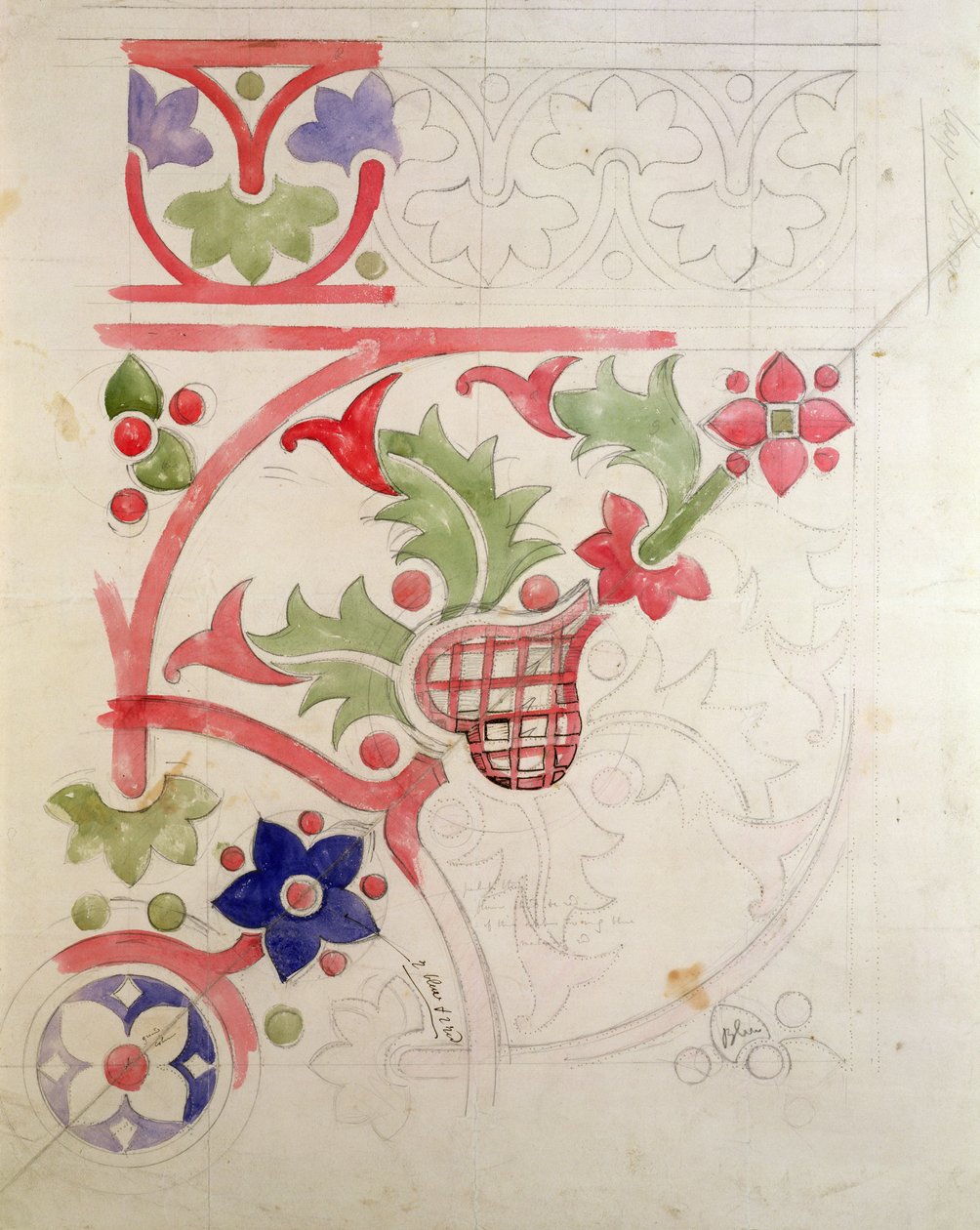 Virágmintás a Lordok Háza Könyvtárához (ceruza és WC papíron) alkotó: Augustus Welby Northmore Pugin