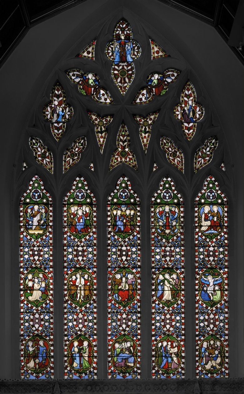 A rózsafüzér titkai, a kápolna keleti ablaka, 1847 (festett üveg) alkotó: Augustus Welby Northmore Pugin