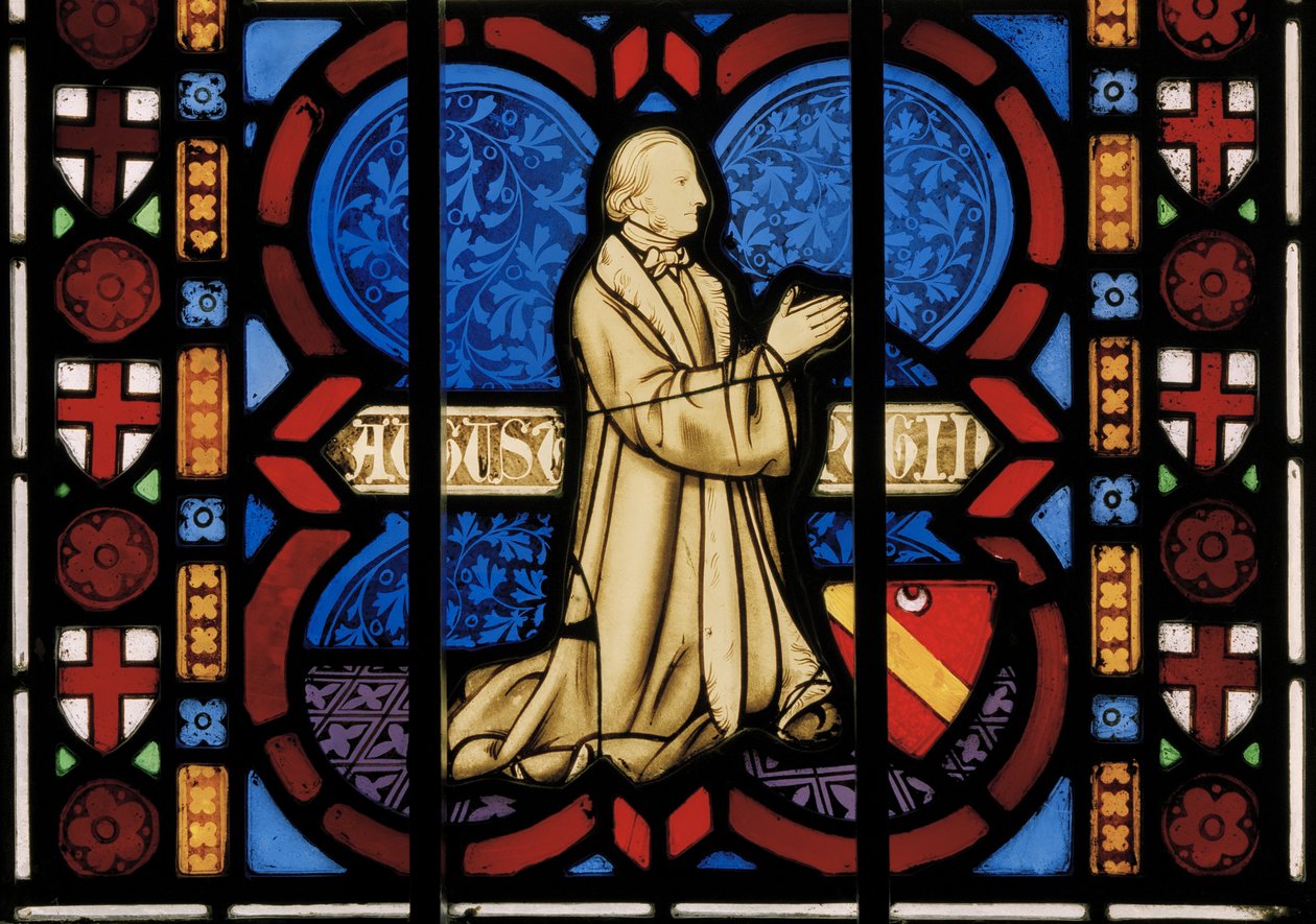 Pugin térdel az imánál, kápolna keleti ablaka, 1844 körül (festett üveg) alkotó: Augustus Welby Northmore Pugin