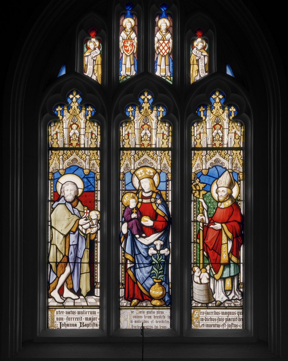 Keresztelő Szent János, Szűz és gyermek és Szent Miklós, 1841 (ólomüveg) alkotó: Augustus Welby Northmore Pugin