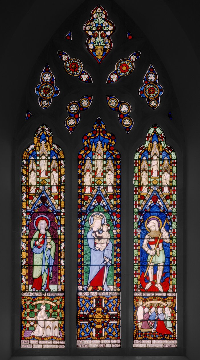 Szent János evangélista, Szűz és gyermek és Szent György, 1844 körül (festett üveg) alkotó: Augustus Welby Northmore Pugin