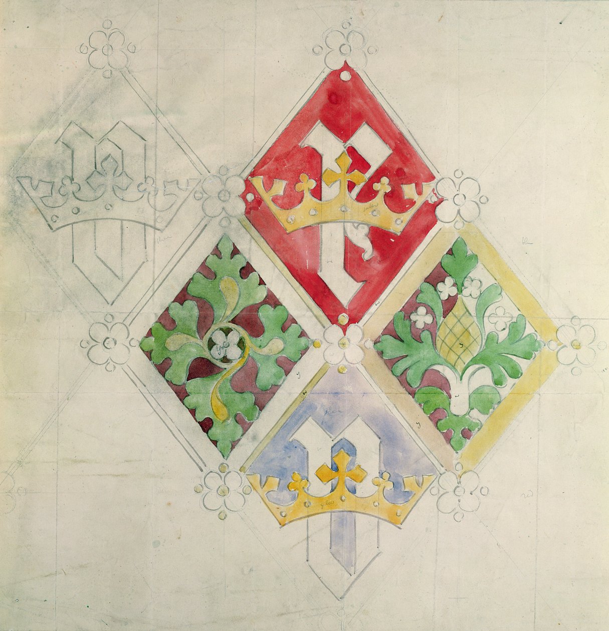 Üvegfestmény ablak terv a Parlament épületéhez (wc és ceruza papíron) alkotó: Augustus Welby Northmore Pugin