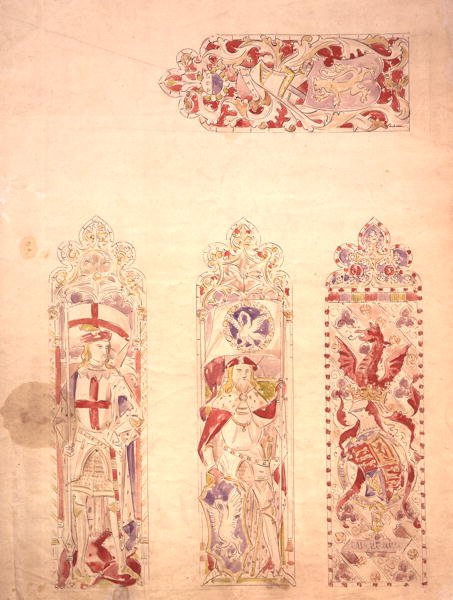 Ólomüveg ablak tervezés a Westminster palotához (toll és tinta és akvarell papíron) alkotó: Augustus Welby Northmore Pugin
