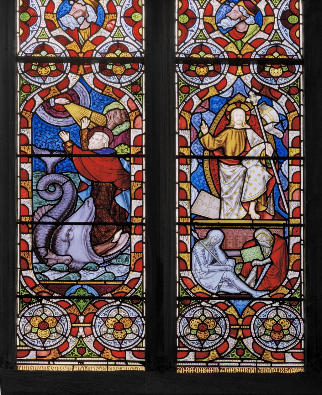 Típusok és anti-típusok: Jónás és a bálna, és a Feltámadt Krisztus, részlet, 1850 (festett üveg) alkotó: Augustus Welby Northmore Pugin