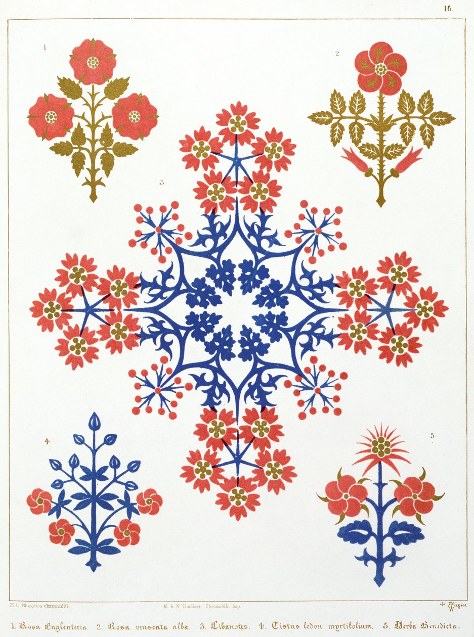 Ibolya, írisz és tulipán motívumú tapétatervezés, M. und N. Hanhart nyomda alkotó: Augustus Welby Northmore Pugin