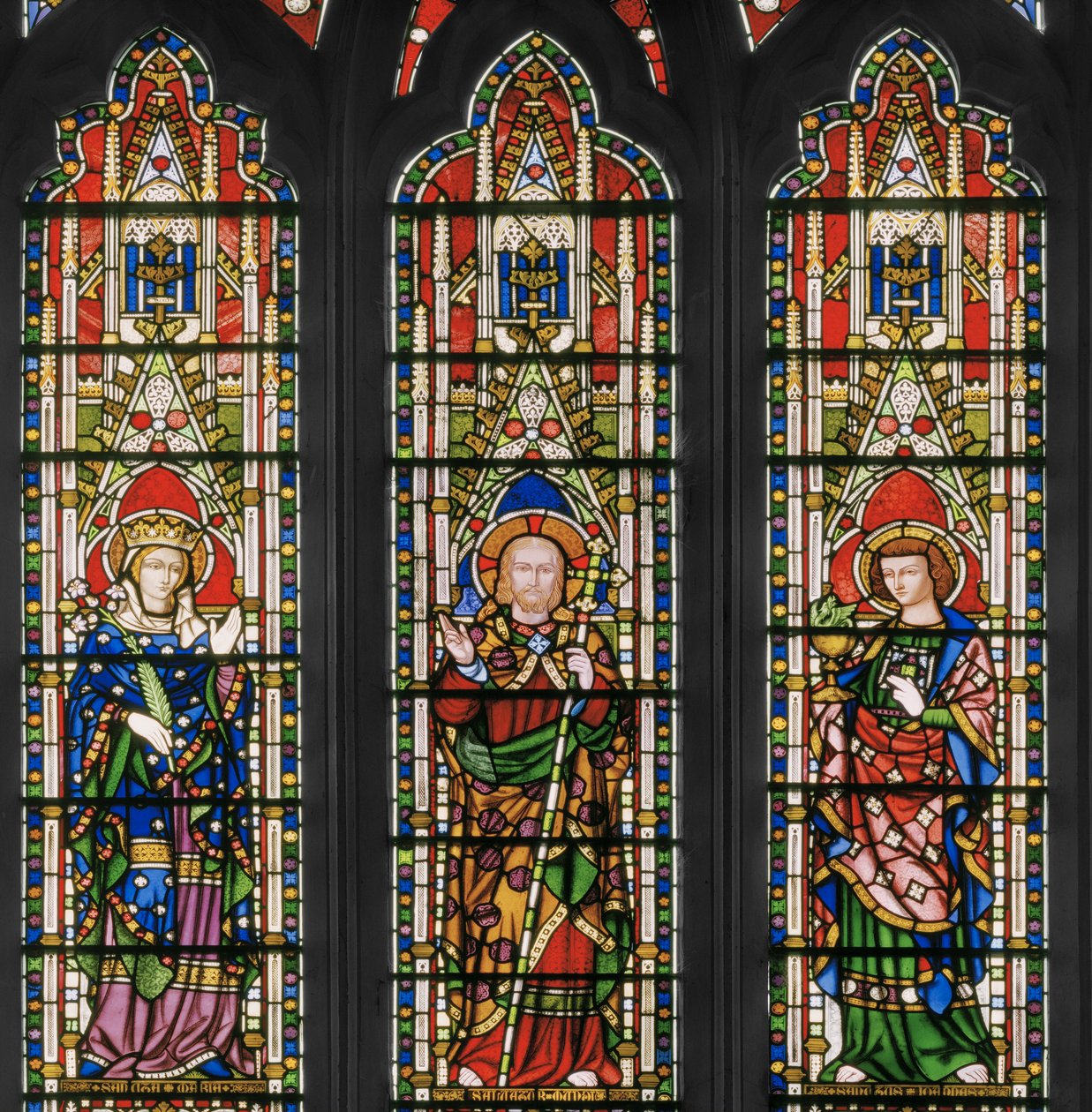 Szűz és Krisztus a szentekkel, keleti ablak, részlet, 1847-48 (ólomüveg) alkotó: Augustus Welby Northmore Pugin