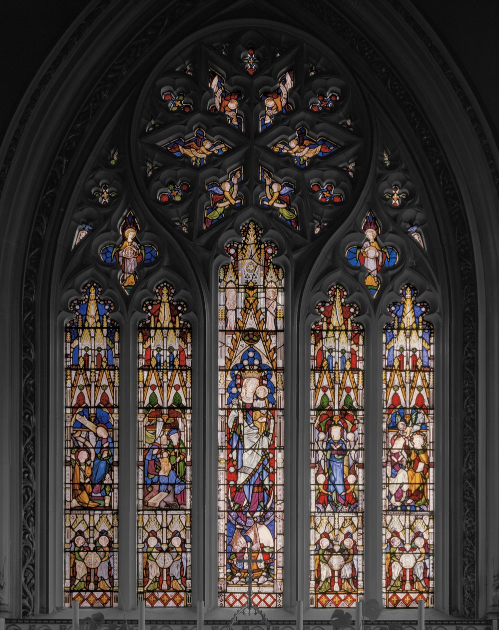 Szűz és Krisztus jelenetekkel az életéből, 1851 (ólomüveg) alkotó: Augustus Welby Northmore Pugin