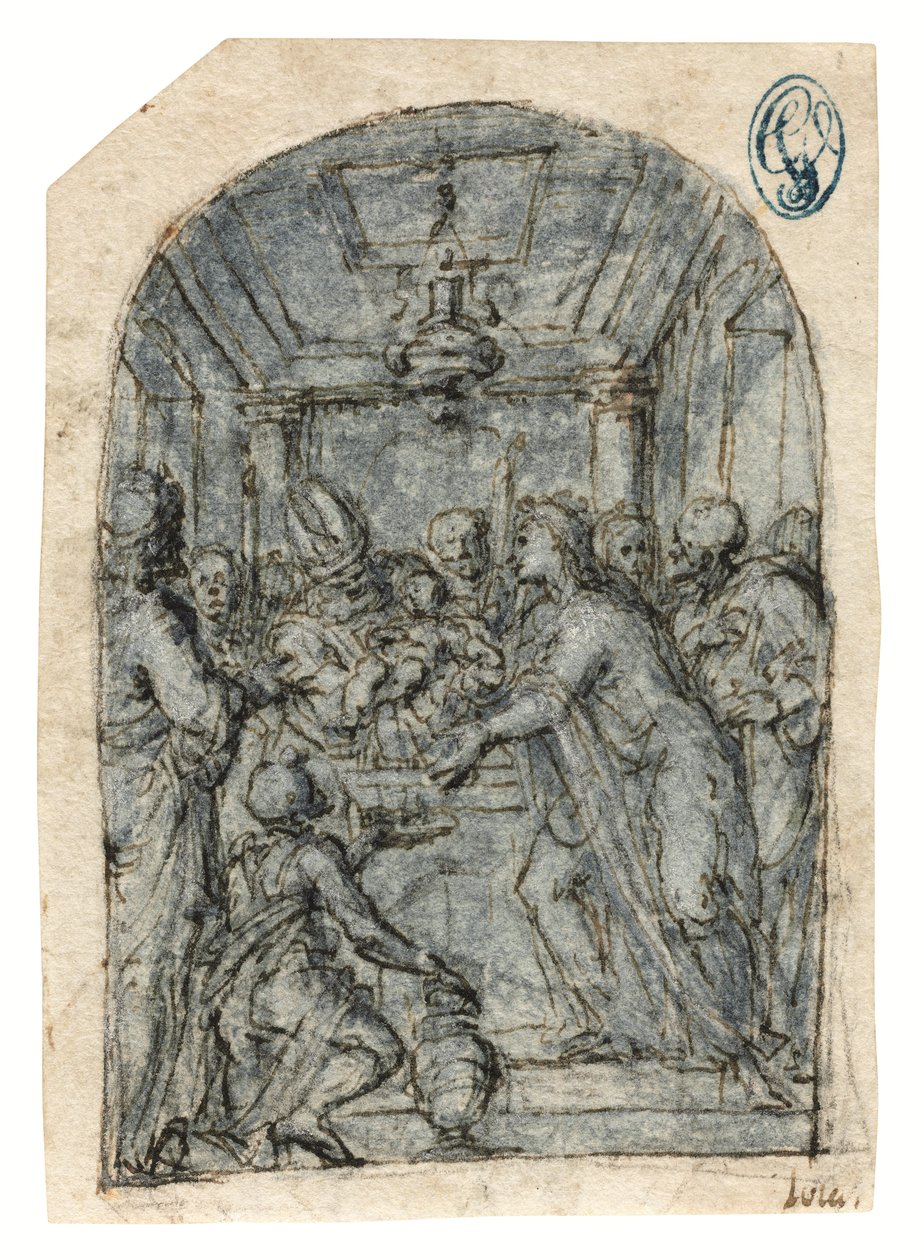 A bemutatás a templomban (kréta, toll és tinta, mosás, fehér kiemelés, papír) alkotó: Aurelio (attr. to) Luini