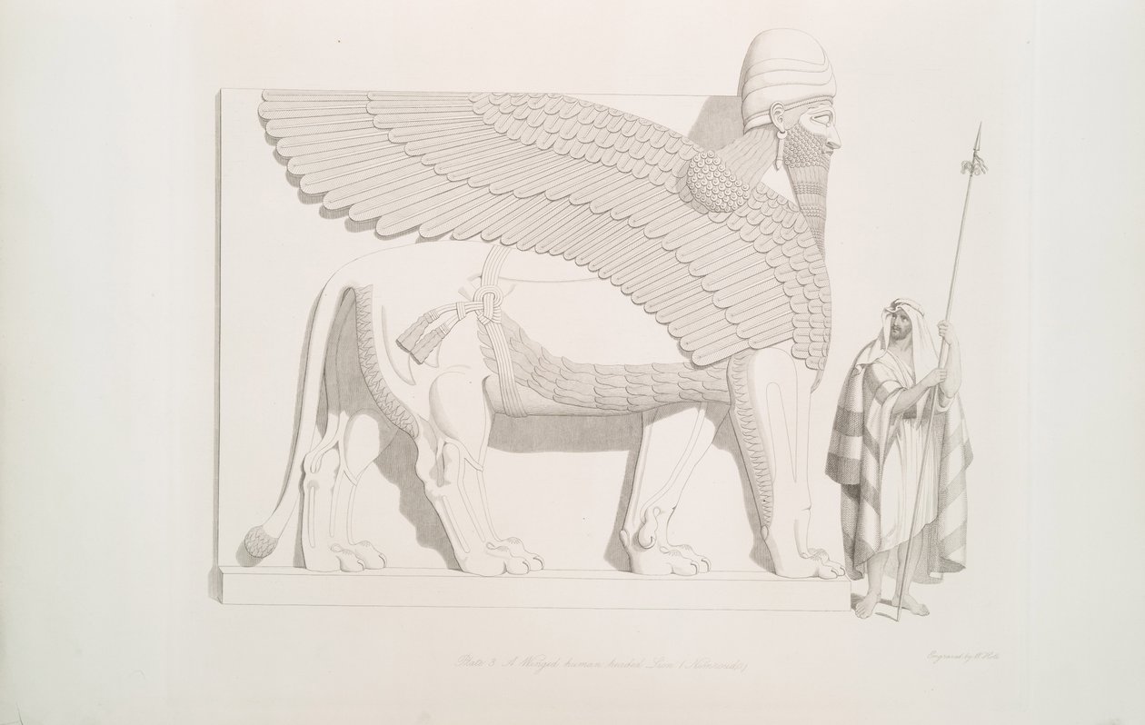 Egy szárnyas emberfejű oroszlán Nimroudból [Calah], 1849 alkotó: Austen Henry Layard