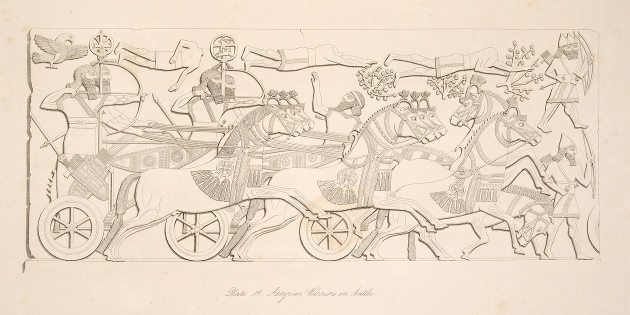 Asszír harcosok csatában, Ninive emlékműveiből, kocsma. 1849 alkotó: Austen Henry Layard
