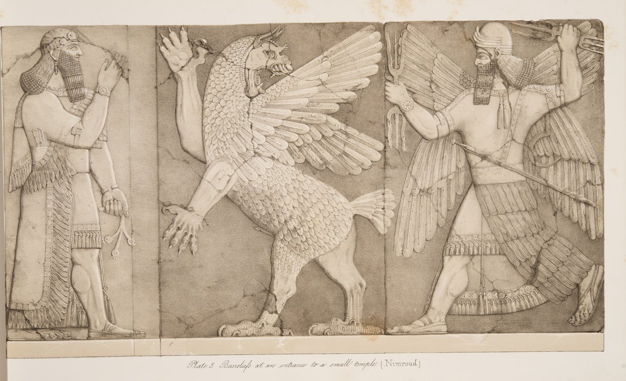 Domborművek egy kis templom bejáratánál (Nimroud), Ninive emlékművei, kocsma. 1849 alkotó: Austen Henry Layard
