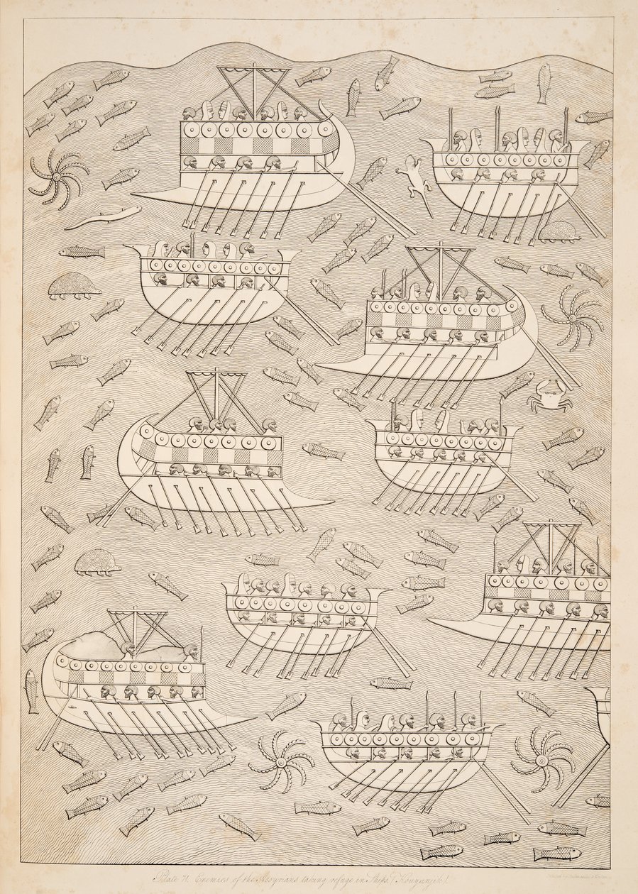 Az asszírok hajókon menekülő ellenségei (Kouyunlik), Ninive emlékművei, kocsma. 1849 alkotó: Austen Henry Layard