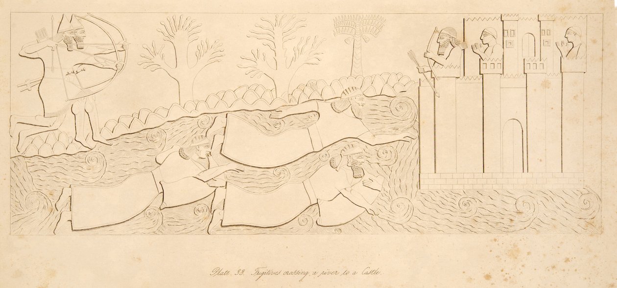 Szökevények átkelnek a folyón a várba, Ninive emlékműveiből, kocsma. 1849 alkotó: Austen Henry Layard