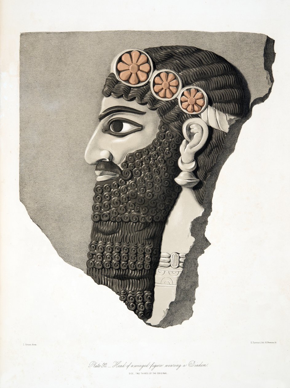 Egy diadémet viselő, szárnyas alak feje a Ninivei Emlékművekből, kocsmából. 1849 alkotó: Austen Henry Layard