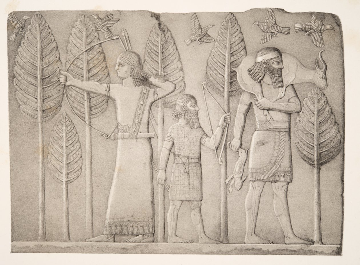 Vadászok gazellával, nyúllal és madarakkal (Khorsabad), a Monuments of Ninive, kocsma. 1849 alkotó: Austen Henry Layard