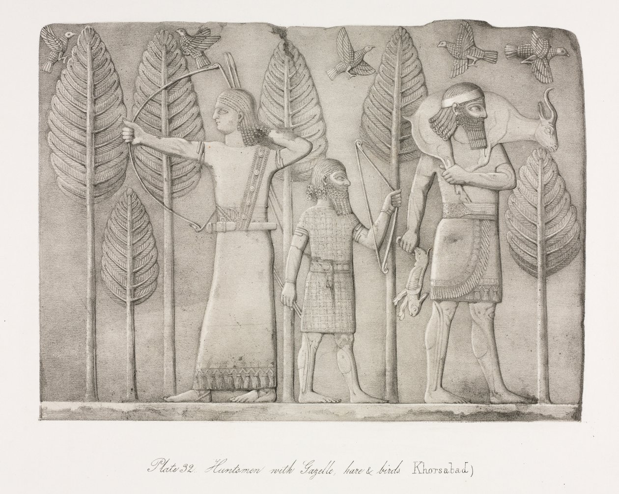 Ninive műemlékei: 32. tábla, Vadász gazellával, nyúllal és madarakkal Khorsabad, 1853. alkotó: Austen Henry Layard