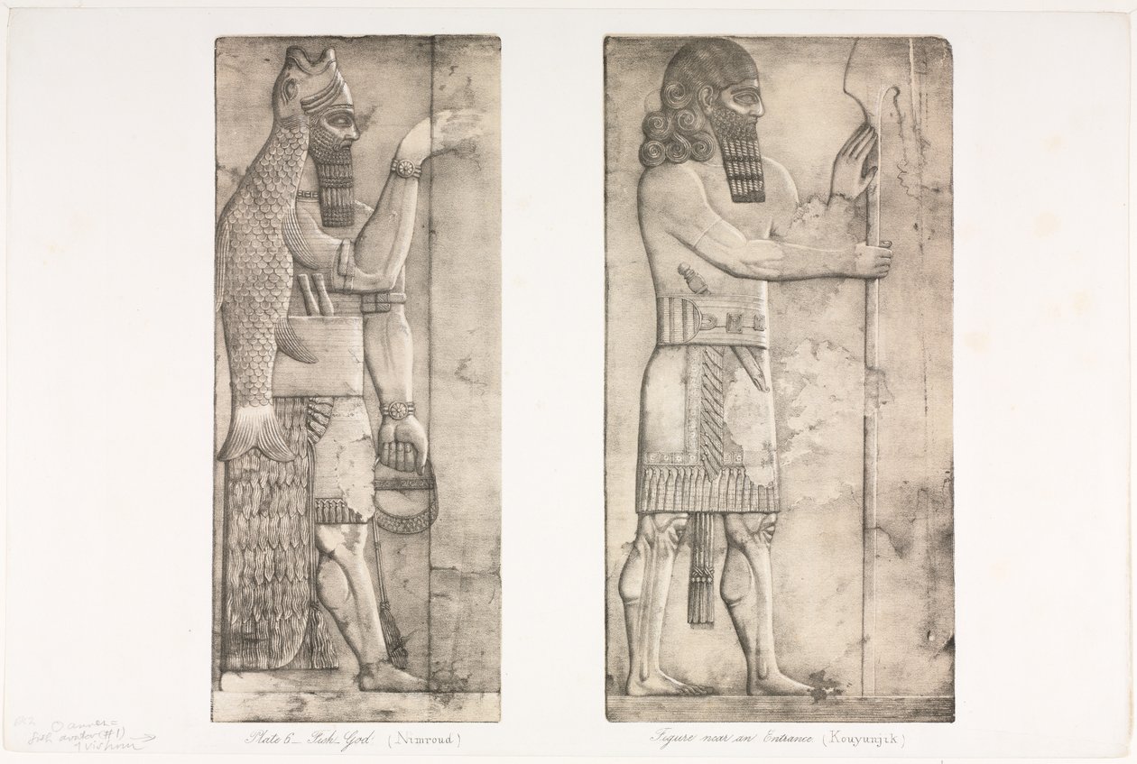 Ninive műemlékei: 6. tábla, Nimroud halisten, ábra Kouyunjik bejáratánál, 1853. alkotó: Austen Henry Layard
