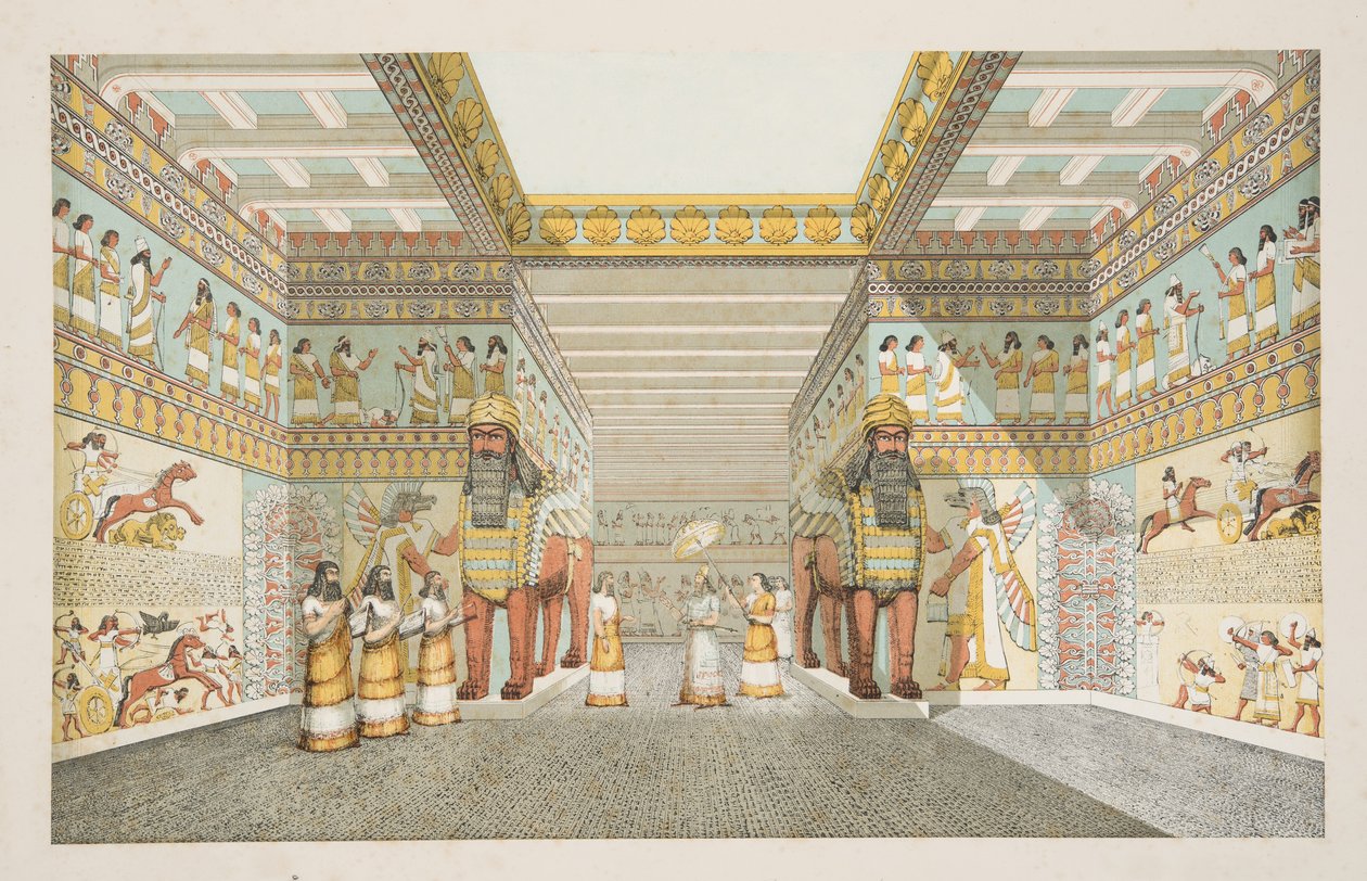 Egy asszír palota csarnokának rekonstrukciója, Ninive emlékműveiből, kocsma. 1849 (kézzel színezett metszet) alkotó: Austen Henry Layard
