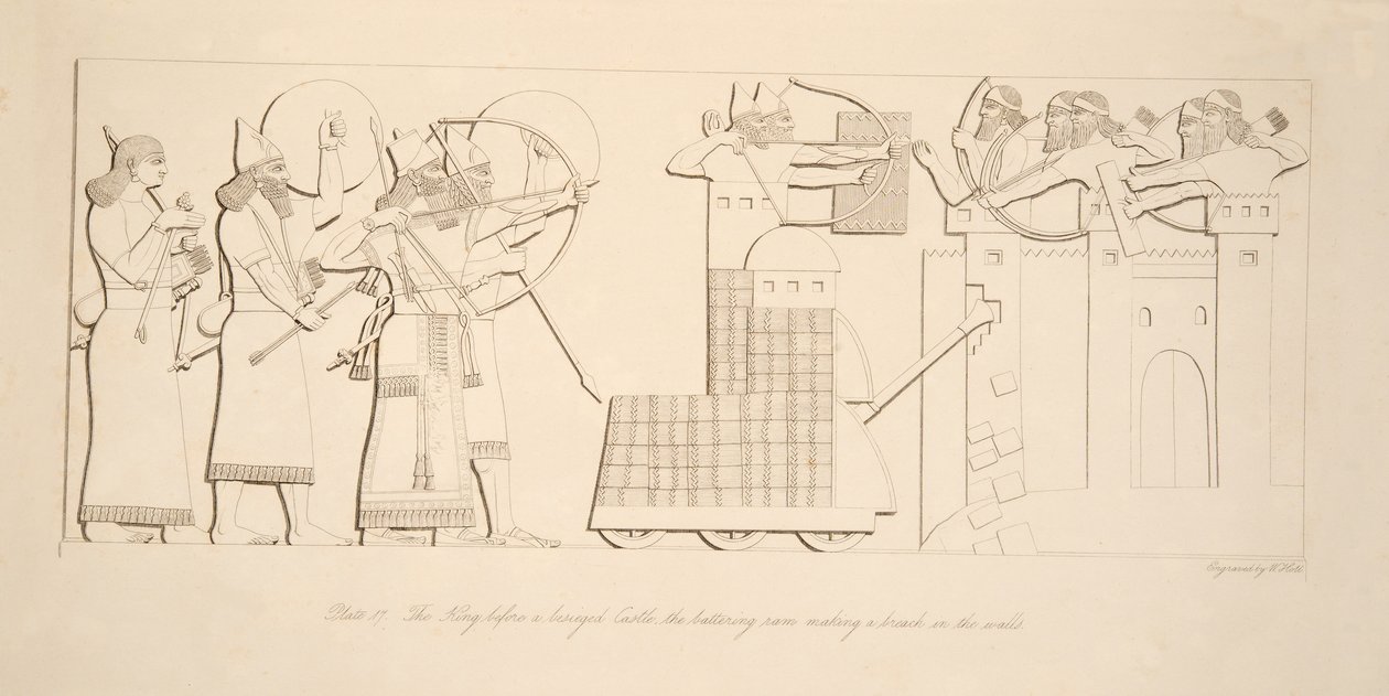 A király egy ostromlott kastély előtt, a falakat ütő kos, Ninive emlékművei, kocsma. 1849 alkotó: Austen Henry Layard