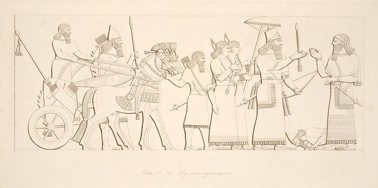 A király foglyokat fogad, Ninive emlékművei, kocsma. 1849 alkotó: Austen Henry Layard