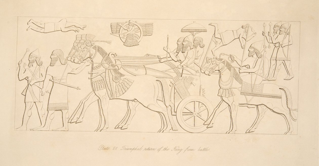 A király diadalmas visszatérése a csatából, Ninive emlékműveiből, kocsma. 1849 alkotó: Austen Henry Layard