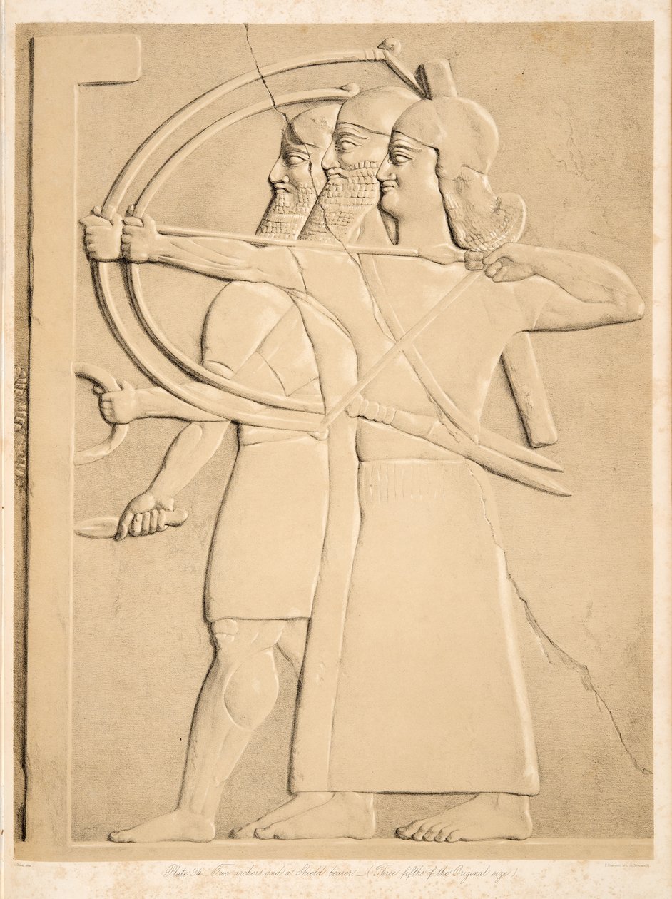 Két íjász és egy pajzshordozó, Ninive emlékművei, kocsma. 1849 alkotó: Austen Henry Layard