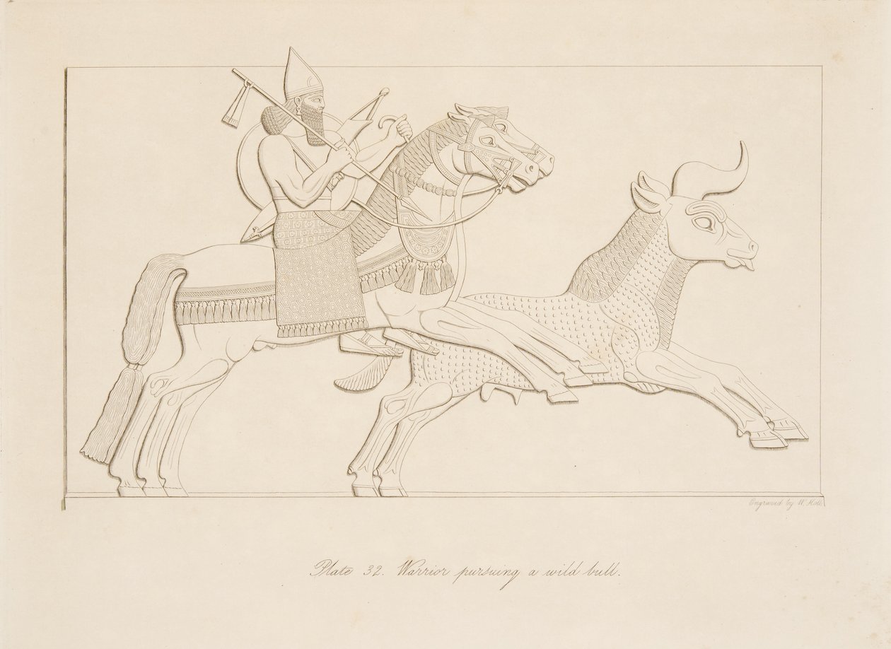 Harcos, aki egy vad bikát üldöz, Ninive emlékművei, kocsma. 1849 alkotó: Austen Henry Layard