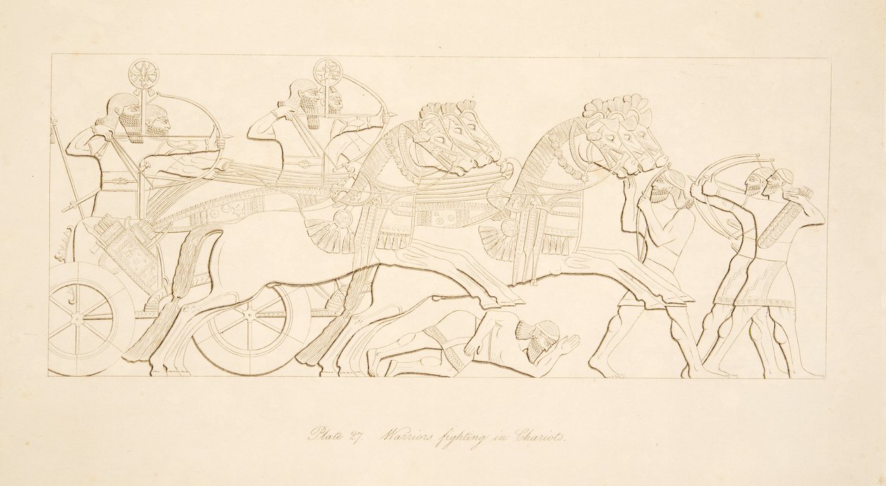 Harcosok harcoló szekereken, Ninive emlékműveiből, kocsma. 1849 alkotó: Austen Henry Layard