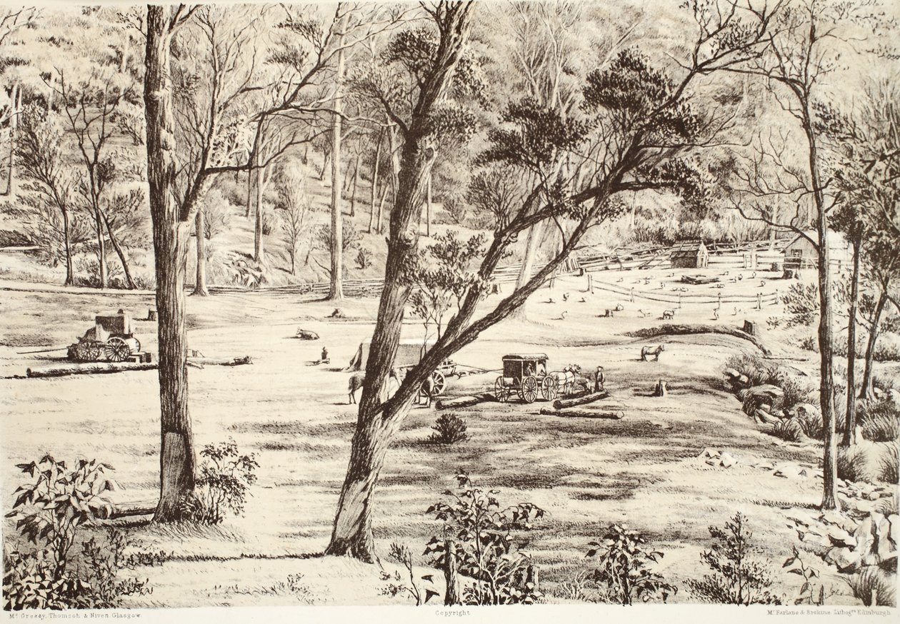 Free Selectors Hut, David Blair, McGrady, Thomson és Niven The History of Australasia című művéből, 1879 alkotó: Australian School