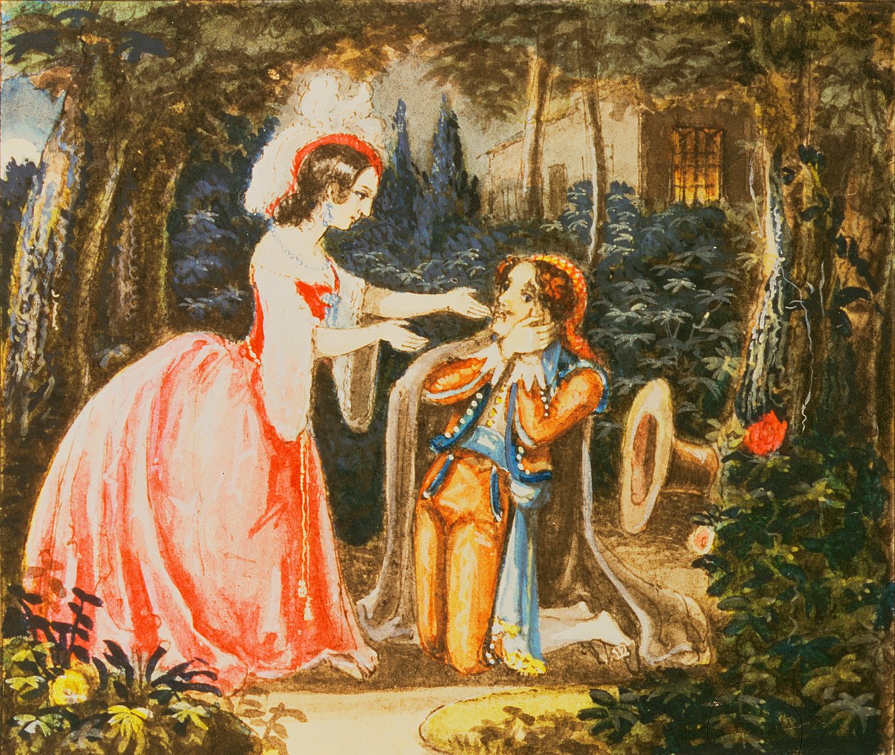 Almaviva gróf bűnbánóan térdel a felesége előtt, Wolfgang Amadeus Mozart (1756-91) Figaro házassága című művéből IV. alkotó: Austrian School