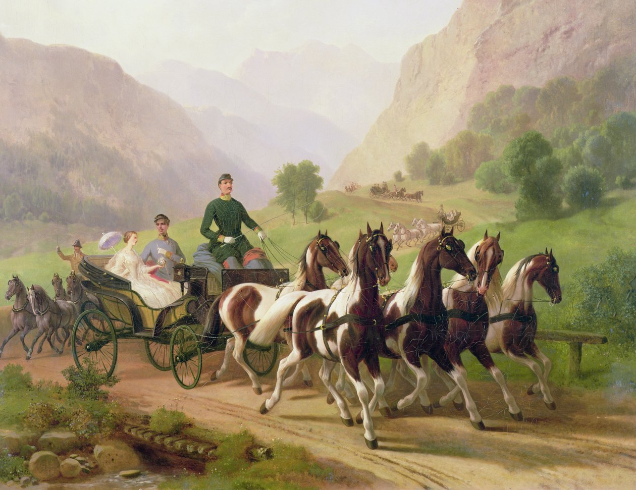 I. Ferenc József osztrák császárt kocsiján vezették feleségével, bajor Erzsébettel Bad Ischlben, 1855. alkotó: Austrian School