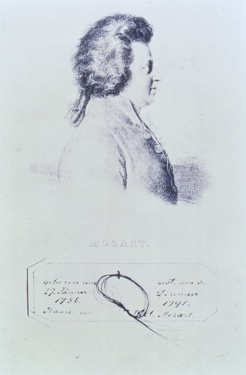 Wolfgang Amadeus Mozart (1756-91) portréja, alatta egy hajtinccsel alkotó: Austrian School