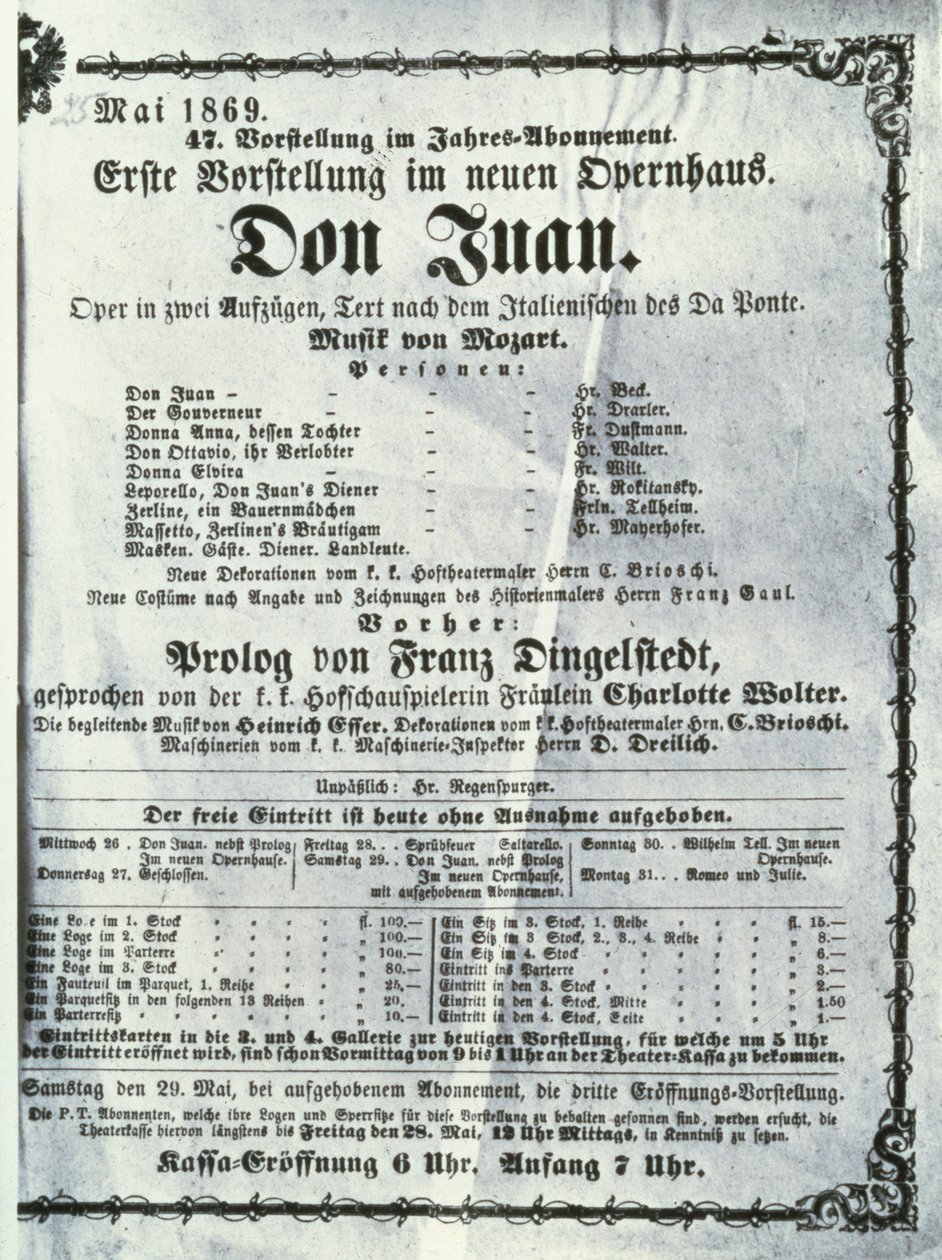 Plakát, amely Wolfgang Amadeus Mozart (1756-91) „Don Juan” (Don Giovanni) előadását hirdeti 1869. máj. alkotó: Austrian School