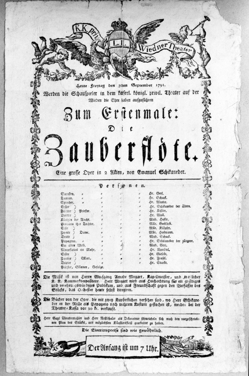 Plakát, amely Wolfgang Amadeus Mozart „A varázsfuvola” premierjét hirdeti a Freihaustheaterben (ma Theater an der Wien), 1791 alkotó: Austrian School
