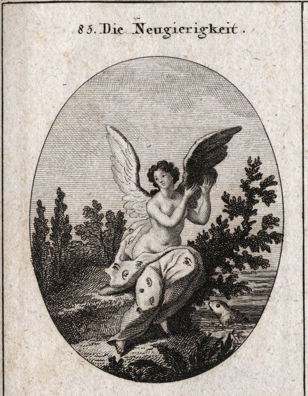 Allegorie de curiosite fülekkel és szemekkel tarkított drapériával ábrázolva A szárnyak megemelkedett. Metszet „” ikonnal vagy ideálokkal a szenvedélyek és allegóriák területéről, képletesen ábrázolva rajzolók, festők, költők, tudósok, oktatók és oktatók s alkotó: Austrian School
