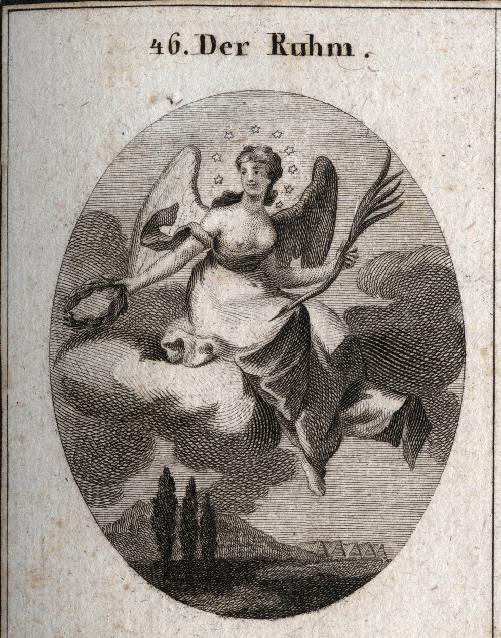 A dicsőség allegóriája a felhőn. Tenyeret tart és babérkoszorút ajándékoz, amiből kárpótolja kedvenceit. Szárnyai jelzik a magasságát. Vésés „képi” ikonológiába vagy a szenvedélyek és allegóriák birodalmából származó gondolatokba alkotó: Austrian School