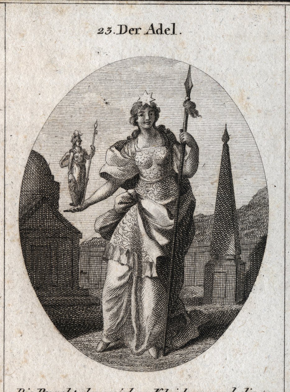 A nemesség allegóriája. A csillag az érzések felemelkedését jelenti. Minerva szobra és a lándzsa jelzi, hogy megszerezheti a tudomány és a fegyverek érdemeit. Gravírozás „” Iconologie oder Ideen aus dem Gebiete der Leidenschaften und Allegorien bild alkotó: Austrian School