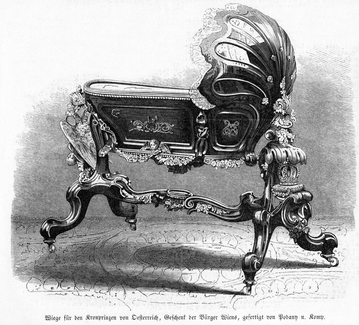 Az osztrák koronaherceg kiságya, illusztráció a Leipziger Illustrirte Zeitungból, 1859 (fametszet) alkotó: Austrian School