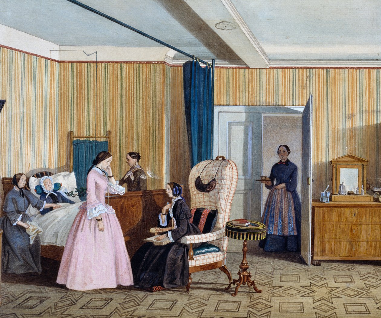 Biedermeier stílusú hálószoba, akvarell, Ausztria alkotó: Austrian School