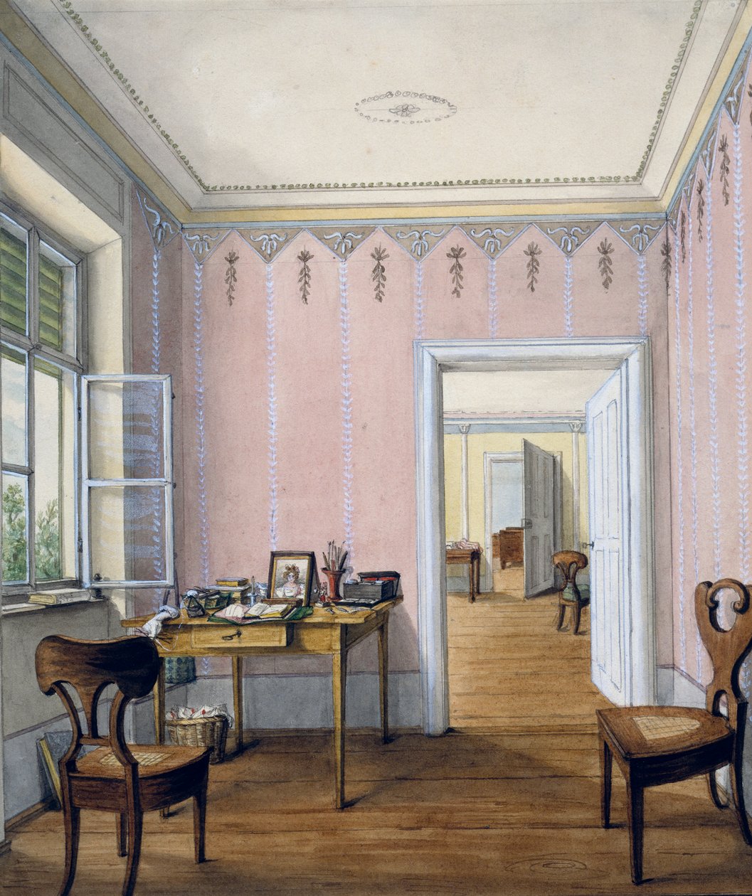 Biedermeier stílusú enteriőr, 1840 körül, akvarell, Ausztria alkotó: Austrian School