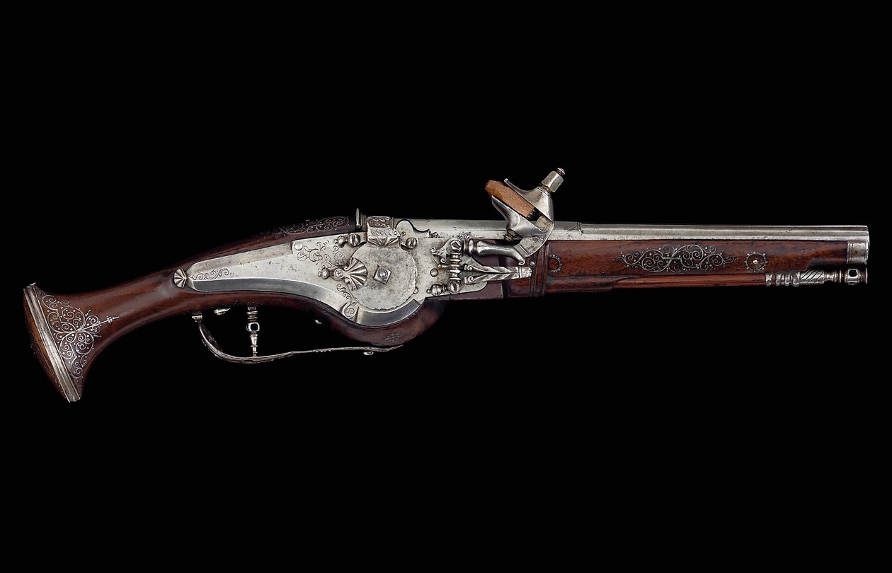 Karintiai (Ferlach) pisztoly kerékreteszelő mechanizmussal, belső automatikus biztonsági rendszerrel, 1650 körül (acél és dió) alkotó: Austrian School