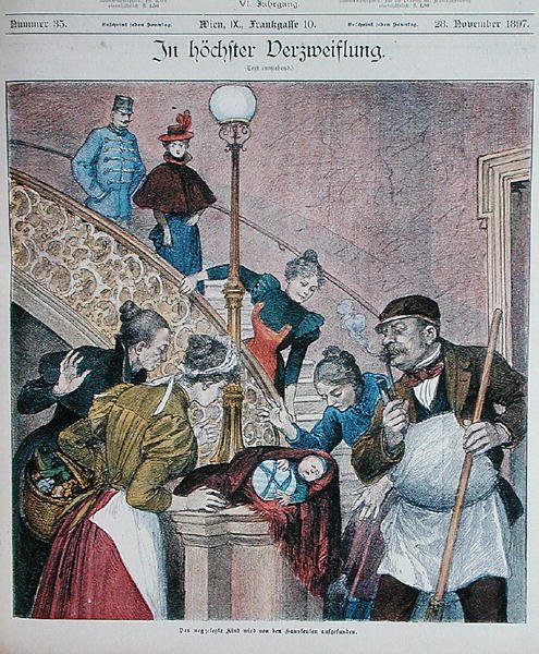 Egy osztrák magazin borítója, amely egy tömbház lépcsőházában elhagyott babát ábrázol, 1897. november 28-án (színes litó) alkotó: Austrian School