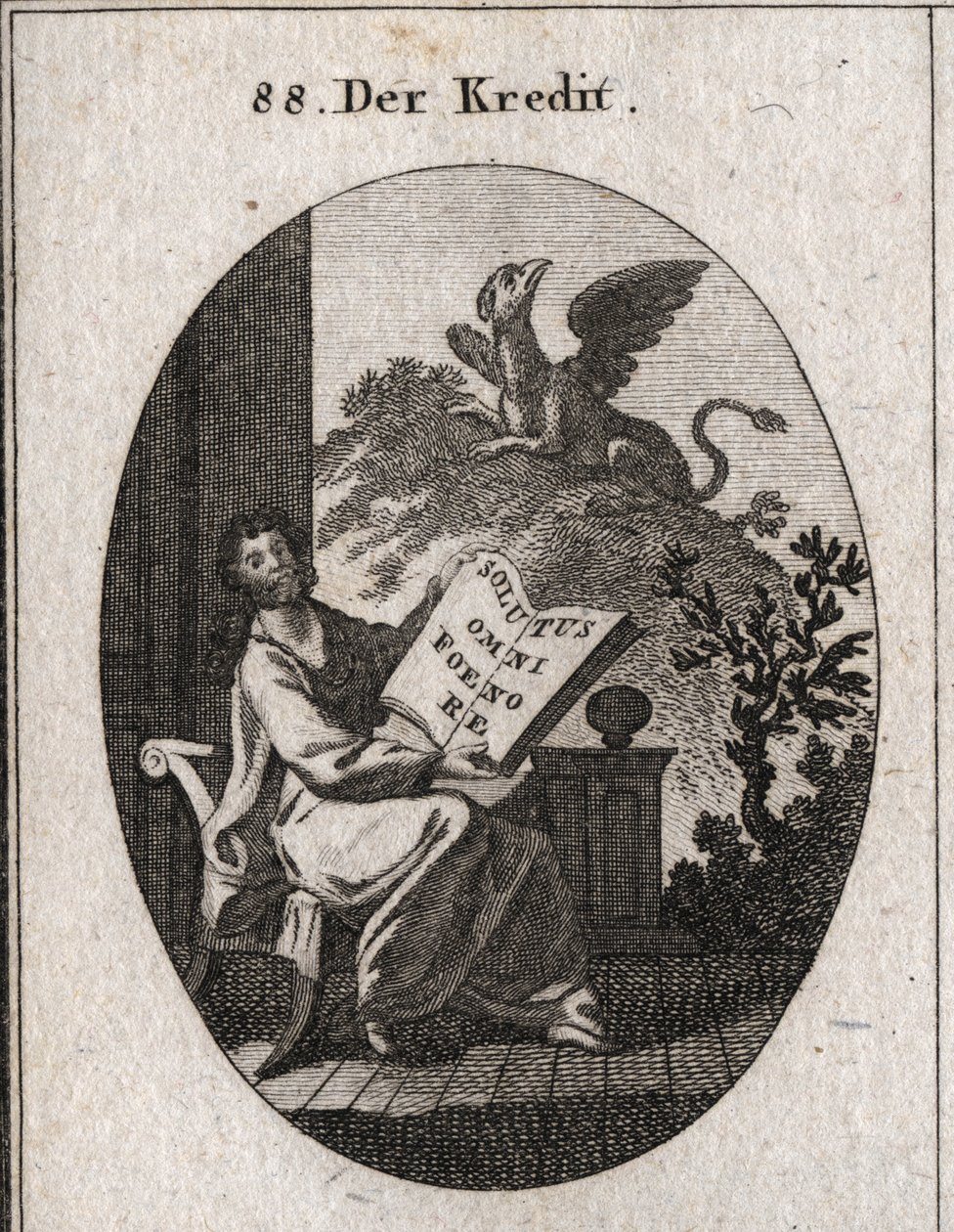 Hitel-allegória „” Solutus omni foenore” feliratú könyvet tart a kezében (Minden nyereménytől mentes). A háttérben a griffon jelképe a trezorok megőrzésének és megőrzésének. Metszet „” Iconologie oder Ideen aus dem Gebiete der Leiden nyelven alkotó: Austrian School