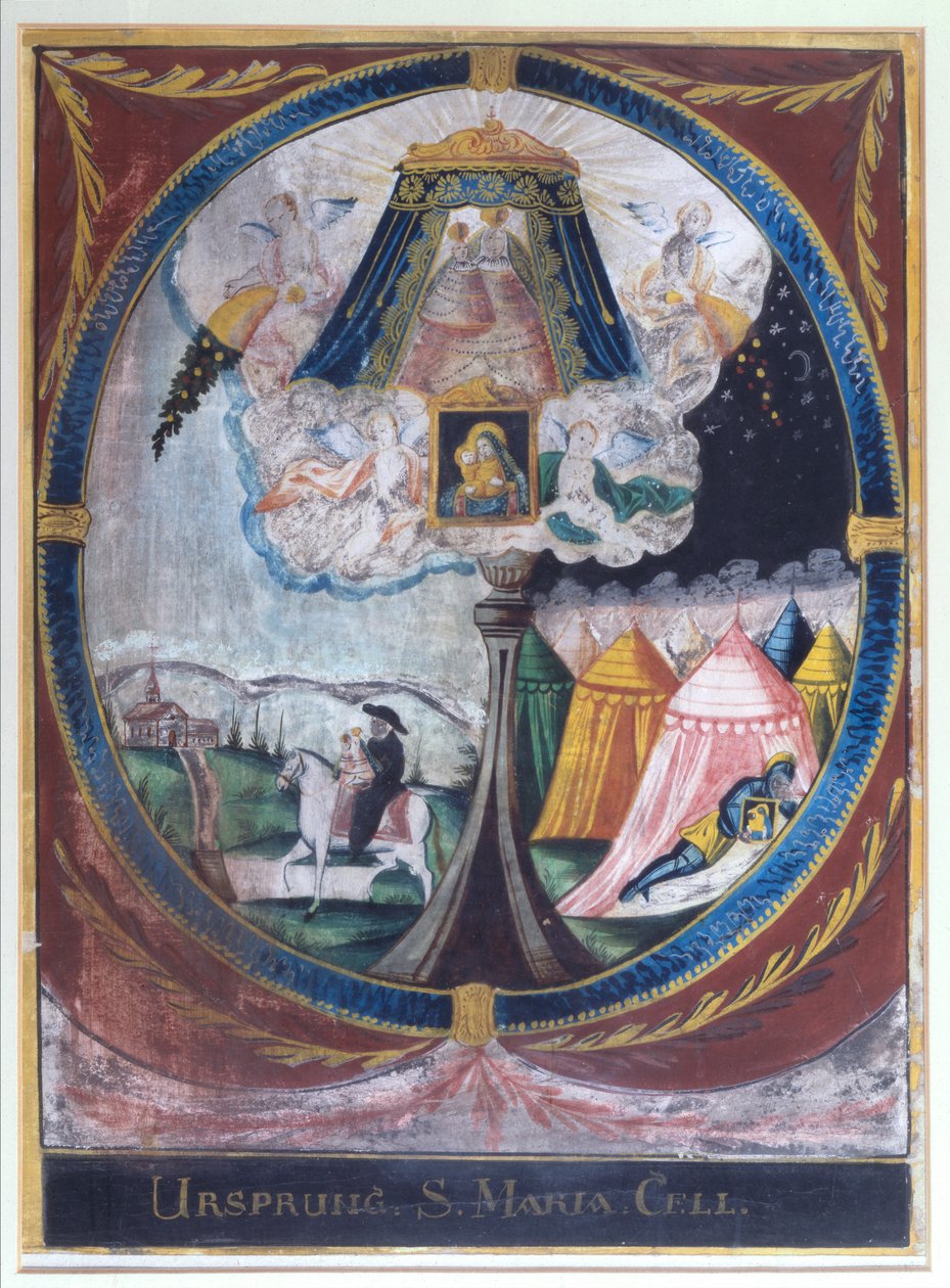 Magnus szerzetes ábrázolása, aki 1157-ben Mariazellbe hozta a csodatevő Szűz Mária faszobrot, valamint a Szűzanya jelenése egy alvó lovagnak (akvarell papíron) alkotó: Austrian School