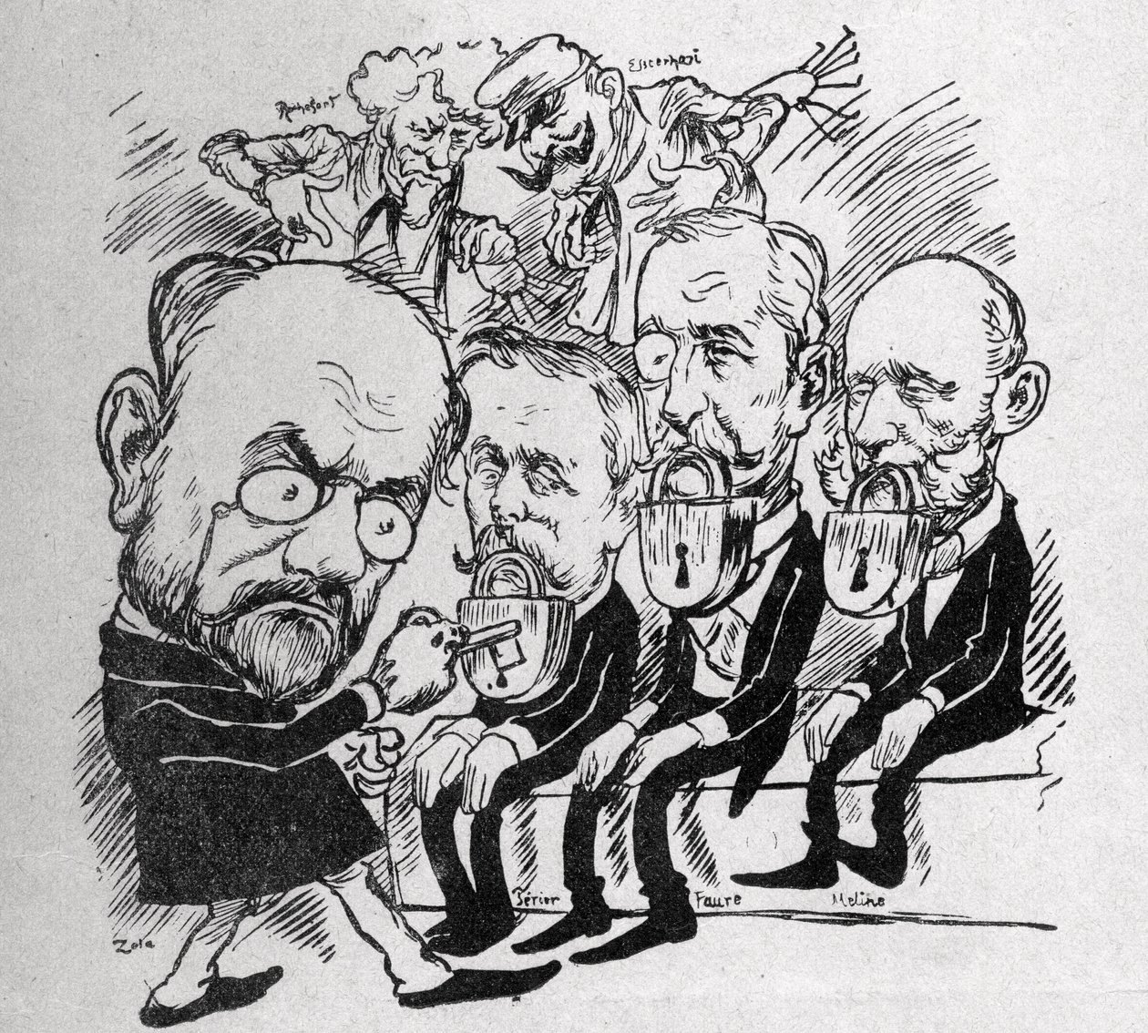Emile Zola megpróbálja feloldani azokat a zárakat, amelyek bezárják Jean Casimir-Perier (1847-1907) és Felix Faure (1841-1899), valamint Jules Meline (1838-1925) tanácselnök száját, miközben a háttérben Henri Rochefort (1831-1913) elmondta a Com-nak alkotó: Austrian School