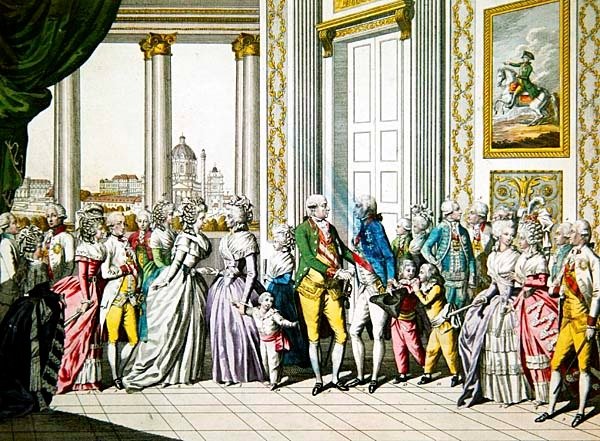 Lipót császár és családja üdvözli I. Ferdinándot, Nápoly és Szicília királyát és családját Bécsben alkotó: Austrian School