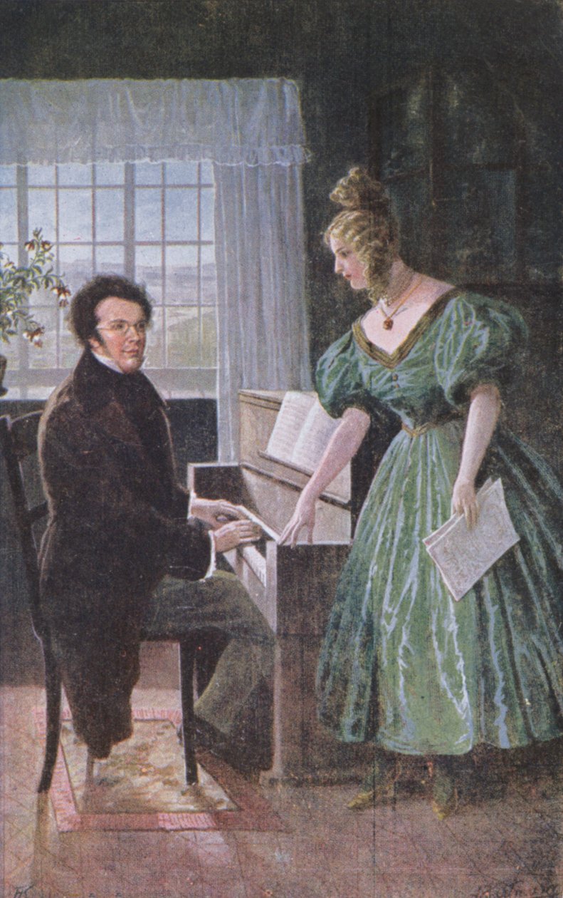 Franz Peter Schubert (1797-1828) zongorázik, képeslap 1910 körül alkotó: Austrian School