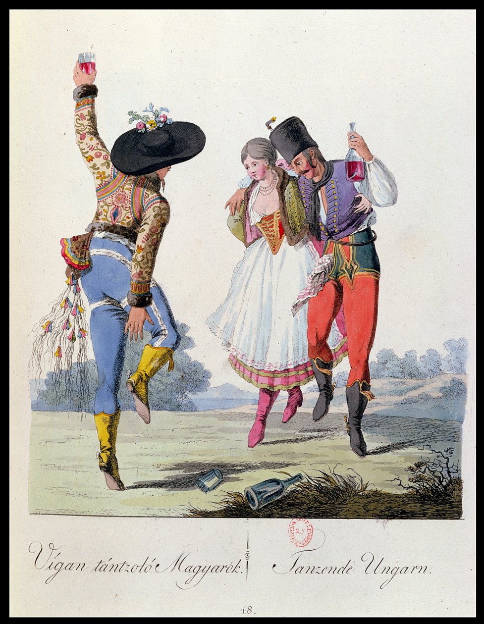 Magyar táncosok hagyományos ruhában, illusztráció a Costumes de Pannonie című könyvből, J.H. de Bikkesy, megjelent Bécsben, 1810 (színes metszet) alkotó: Austrian School