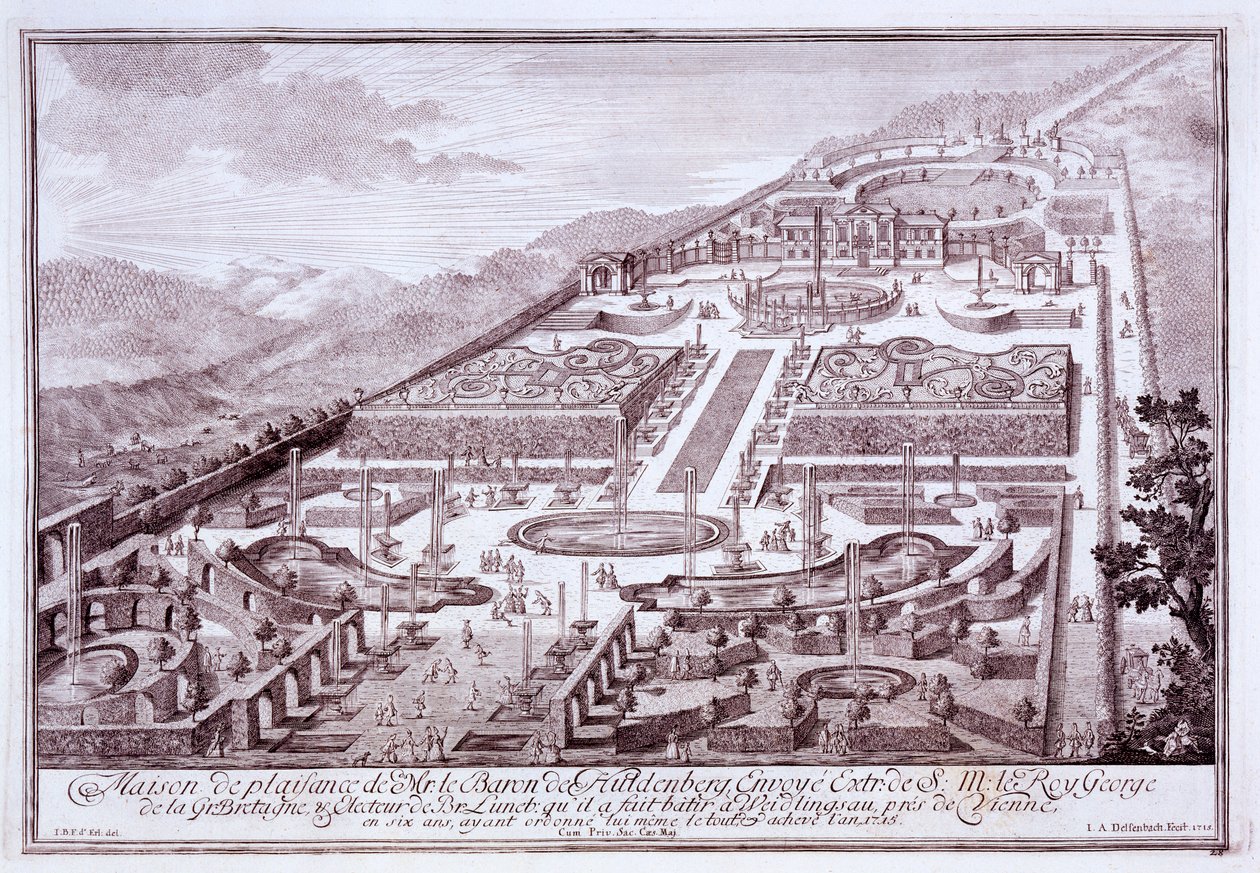 Huldenburg báró csodálatos kertjei és palotája, amelyet ő épített Widlingsauban, 1719 alkotó: Austrian School